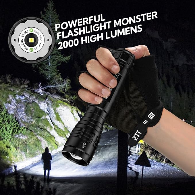 RECHOO S2000 LED Flashlight High Lumens, Super Bright, Powerful, Mid-Size Tactical Flashlight with 3 Modes, Zoomable, Water Resistant Flashlights for Home, Emergencies, Camping, Outdoor Use