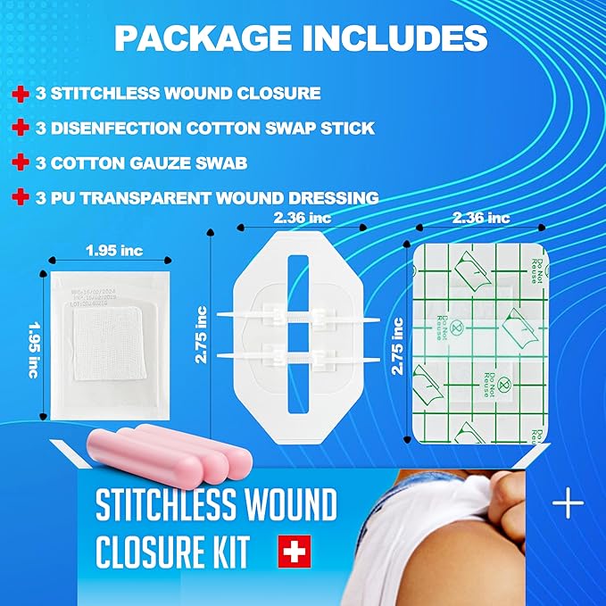 Zip Stitch Wound Closure Kit – 3 Set 12 Pcs Emergency Butterfly Bandages – No Stitch Laceration Closure Strips –Wound Sealing Kit for First Aid, Hiking, Survival