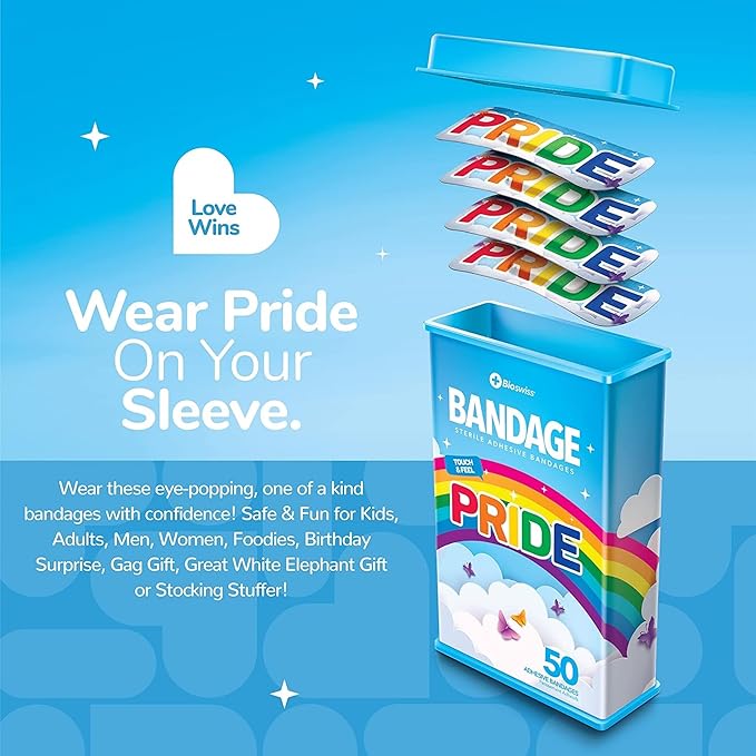 BioSwiss Bandages, Rainbow Pride Shaped Self Adhesive Bandage, Latex Free Sterile Wound Care, Fun First Aid Kit Supplies, 50 Count