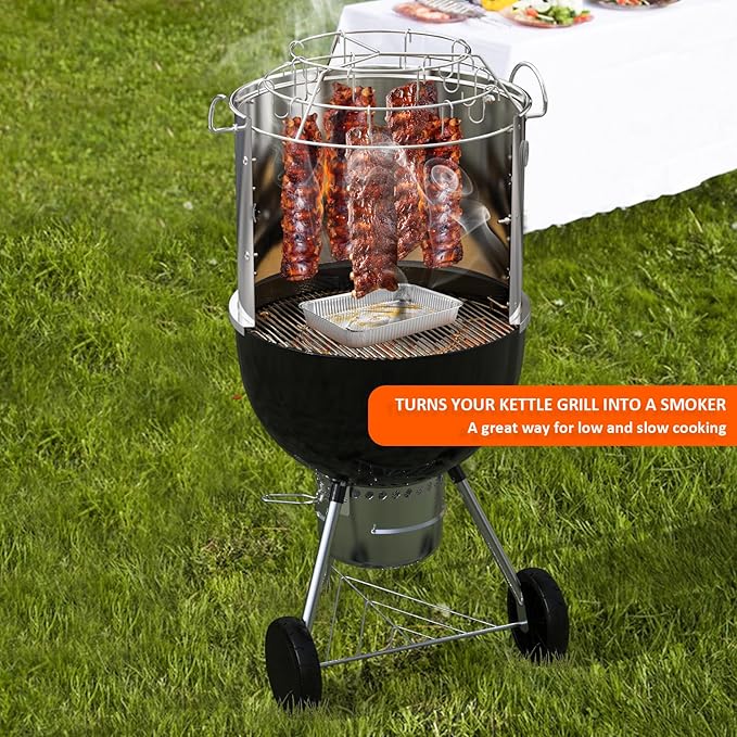 onlyfire Stainless Steel Grill Smoking Kit, Rib Hanging Attachment for Weber 18 inch Kettle Charcoal Grills - Turns Your Kettle into Smoker