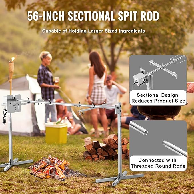 VEVOR 56-Inch Splicable Rotisserie Grill Kit, 132 lbs Sectional Spit Rod with Automatic 52W Motor & Heat Shield, Height Adjustable Spit Roaster Stand for Roasting Pig Lamb, Stainless Steel Grill