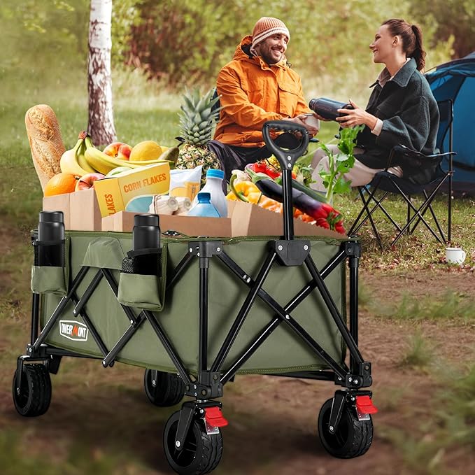 Overmont Collapsible Wagon Cart with Wheels - 220L Foldable Heavy Duty Wagon with Big All-Terrain Wheels - 330Lbs Weight Capacity with Side Pockets for Camping Sports Garden Grocery Shopping Green