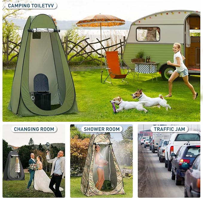 Portable Camping Toilet with Pop-Up Privacy Tent, 12-inch Toilet Seat, Outdoor Portable Folding Toilet Potty for Adults Load Capacity of 400 Lbs, LED-Light Camping Bathroom