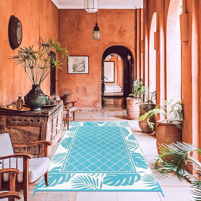 Ileading Outdoor Rug Carpet for Patio 5' x7' Waterproof Reversible Plastic Straw Rug Portable Outside Area Rug Camping Mat for Patio, Clearance, Balcony, Picnic, Pool, Beach, RV, Deck, Leaf Teal