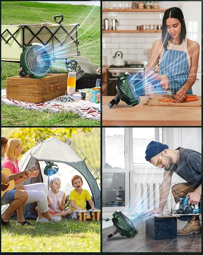 Camping Fan with LED Lantern, 6000mAh Battery Operated Rechargeable Fan, 3 Speeds,180° Rotation, Portable Desk Fan with Hanging Hook, Tent Fan for Travel Camping Outdoor Fishing
