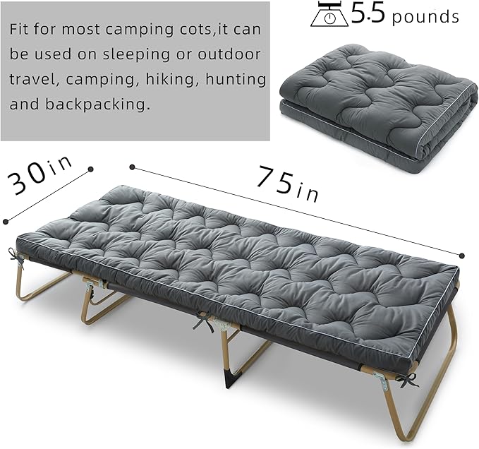 Cot Mattress Topper for Camp Cot/Rv Bunk/Narrow Twin Beds(75”X30”),Thickened Quilted Cot Pad,Lightweight Foldable Sleeping Mat for Traveling Hiking Backpacking,Portable
