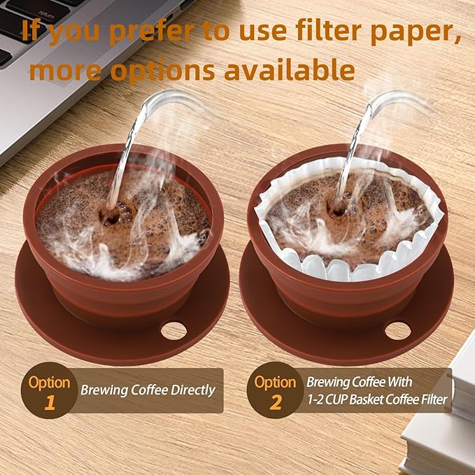 2-Packs Travel Collapsible Paperless Pour Over Coffee Dripper Kit with Stainless Steel Filter, Travel Pour Over Coffee Maker Camping, Silicone Coffee Strainer Pour Over Single Cup (Brown+Black)