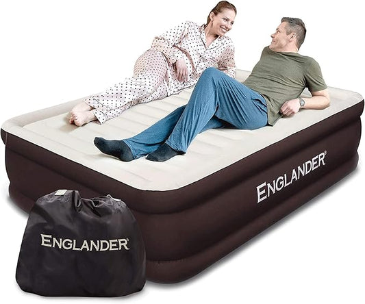 Englander First Ever Microfiber Air Mattress, Microfiber Airbed with Built in Pump Queen Brown/Cream Top