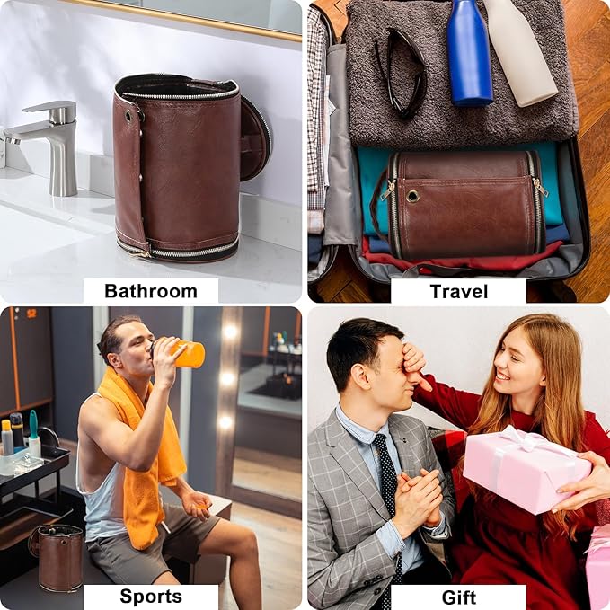 Luxspire Toiletry Bag for Men, Travel Toiletry Organizer Dopp Kit, PU Leather Water-resistant Shaving Bag for Toiletries Accessories, Gift for Mens, Brown