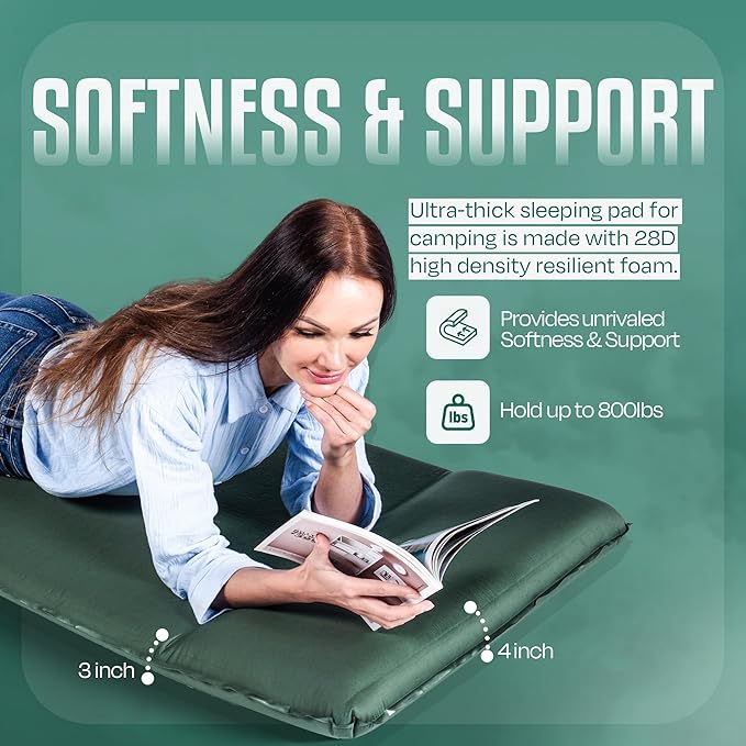 Throntrax Camping Sleeping Pad - Ultralight Camping Mat with Pillow Built-in - 3.1" Thick | Self-Inflating & Suitable for All Seasons - Compact Sleeping Pad for Camping - Green