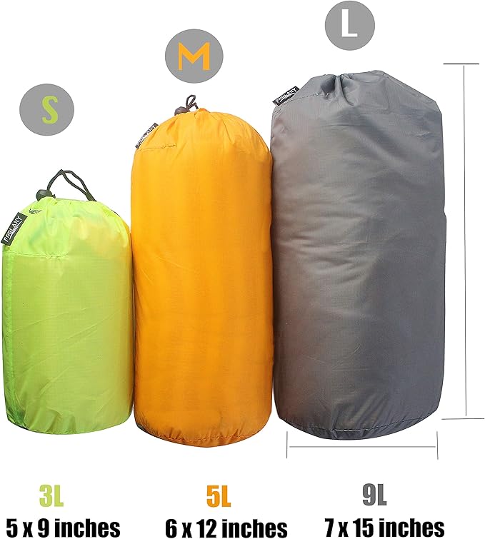 Frelaxy Stuff Sack Set 3-Pack (3L&5L&9L), Ultralight Ditty Bags with Dust Flap for Traveling Hiking Backpacking