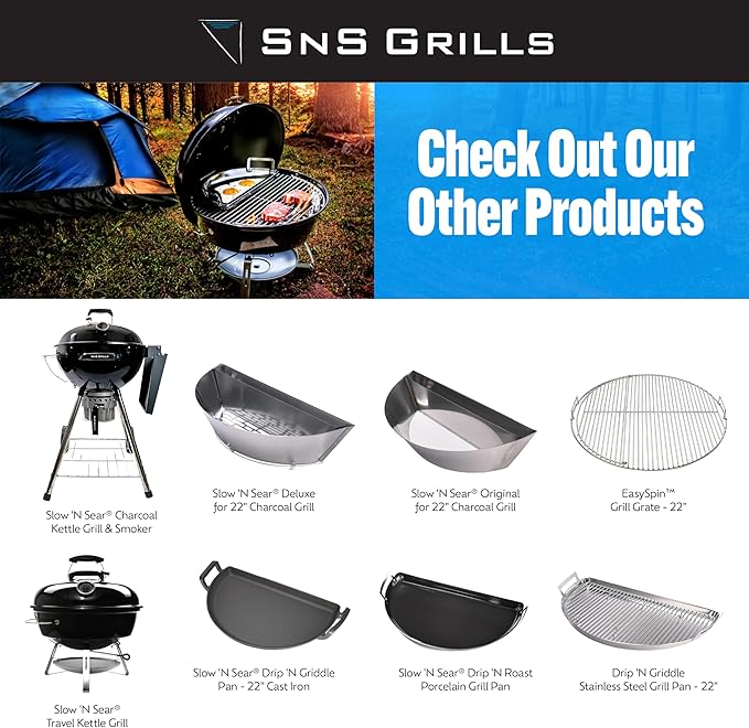 SnS Grills Slow ‘N Sear Charcoal Inserts for Low ‘N Slow & High-Heat Cooking - Patented Stainless Steel Accessories for Kettle Grills - Low Profile 22"