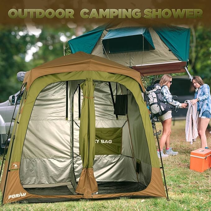 Camping Shower Tent Deluxe Changing Room Easy Set Up Privacy Shelter,Large Toilet Tent 2 Rooms with Floor Drain Design for Beach, Camping,Hiking with Stakes and Ropes for Stability