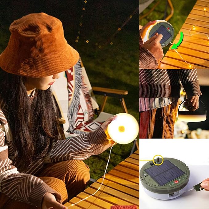 Solar Retractable Camping String Lights Reel 39 FT, Portable 3600mAh Rechargeable Strip Light with Remote Control Timer, Waterproof Tent Lantern for Hiking Awning Party Festival Decor (Warm White)