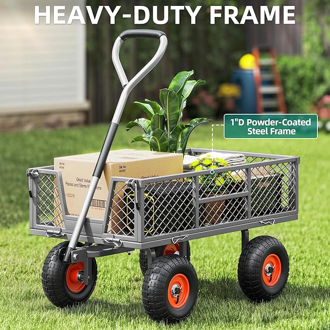 Heavy Duty 900 lbs Capacity Mesh Steel Garden Cart - 10" Pneumatic Tires, 180° Rotating Handle, Removable Sides, 4 CU'FT Utility Wagon for Yard & Garden