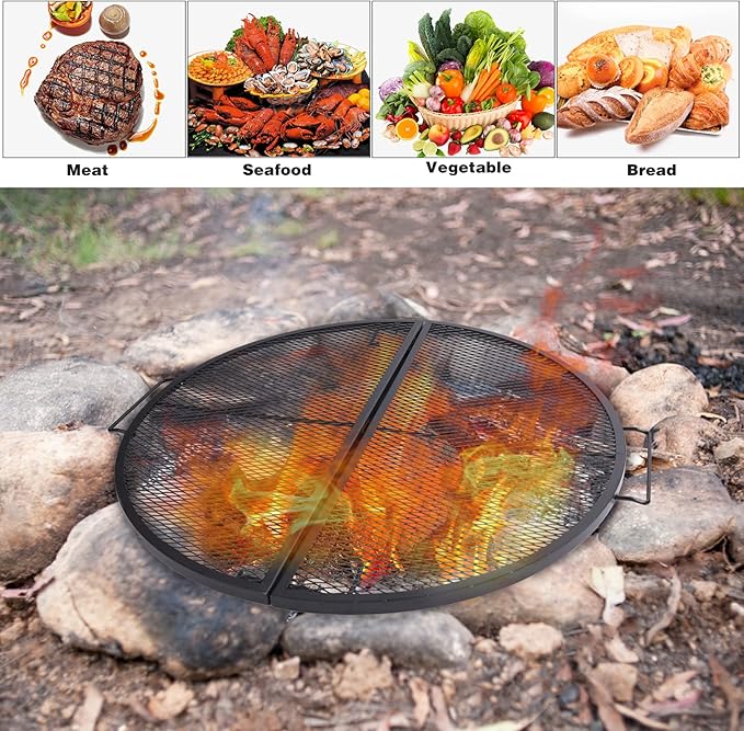 Lineslife X-Marks Fire Pit Cooking Grill Grates Portable, Heavy Duty Folding Round Campfire Grill Grate, Firepit Grill Grate with Handles for Outdoor BBQ Picnic, Black 36 Inch