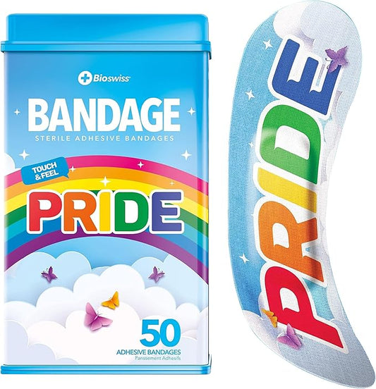 BioSwiss Bandages, Rainbow Pride Shaped Self Adhesive Bandage, Latex Free Sterile Wound Care, Fun First Aid Kit Supplies, 50 Count