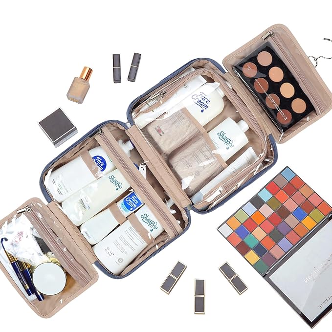 NISHEL Travel Toiletry Bag for Women Large Capacity, Makeup Essentials Organizer, Hanging Case for Accessories, Cosmetics, Aegean-Blue