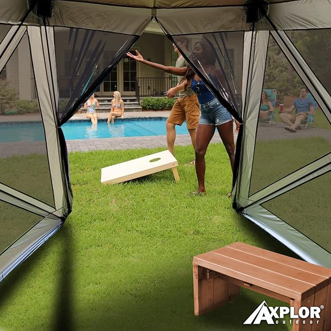 AxplorOutdoor Pop Up Canopy Screen Tent 10x10 | Camping Gazebo | Portable Outdoor Screened Room | Standing Height 5-Sided Camper With Carry Bag