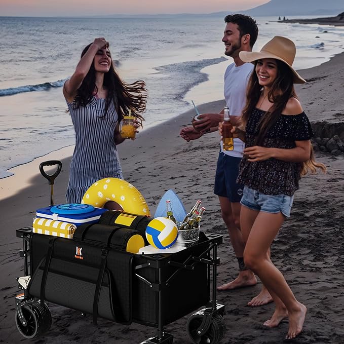 Navatiee Big Wheels Collapsible Wagon Cart Foldable, Heavy Duty Beach Wagon with Silent All-Terrain Wheels, Folding Utility Grocery Cart with Side Pocket and Brakes for Camping Garden Sports, Black