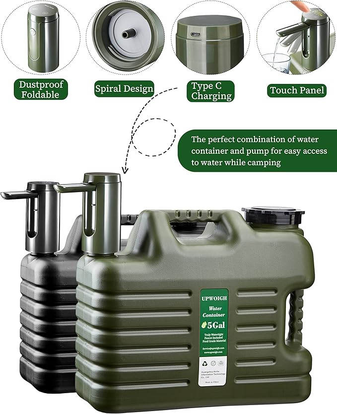 UPWOIGH Portable 5 Gallon Water Jug with Automatic Touch Control Pump,Truly No Leakage Water Container with Spigot,Type-C Rechargeable Military Green Water Pump Gear for Outdoors Camping Hiking
