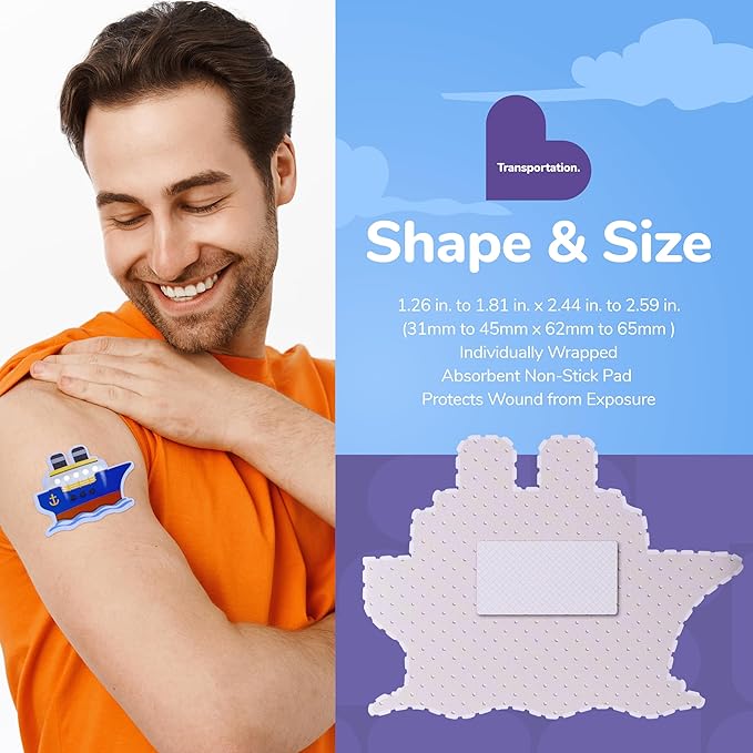 BioSwiss Bandages, Transportation Shaped Self Adhesive Bandage, Latex Free Sterile Wound Care, Fun First Aid Kit Supplies for Kids and Adults, 24 Count