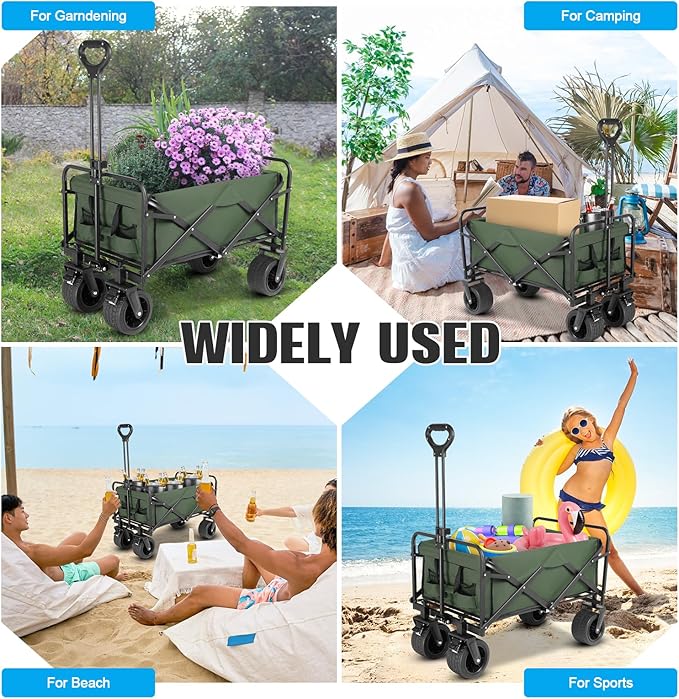 Beach Wagon,Collapsible Foldable Wagon Cart with Big Wheels,Utility Folding Grocery Lounge All Terrain Wagon with Side Pocket and Brakes for Sand Camping Sports Outdoor(Green).