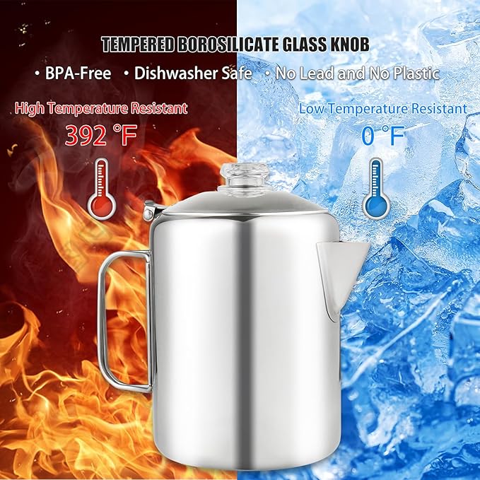 Coffee Percolator Bundle with 2 Mugs Stainless Steel Coffee Maker with Heat Resistant Tough Glass Knob & Foldable Handle Using on any Stovetop Outdoor Camping NO Aluminum NO Plastic (8 Cup)