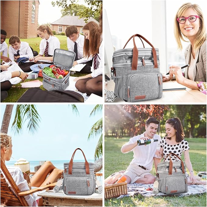 LOKASS Lunch Box for Women/Men-16L-Insulated Lunch Bag, Expandable Double-layer Leakproof Cooler Bag with Upgrade Adjustable Shoulder Strap Ideal for Work/Travel/Picnics(Gray)