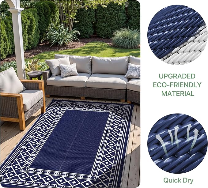 GENIMO Outdoor Rug Waterproof for Patio Decor, 8'x10' Foldable Reversible Plastic Straw Carpet for Travel Trailers, Outside Area Mat for Rv, Deck, Picnic, Porch, Camper, Balcony, Beach, Blue & White