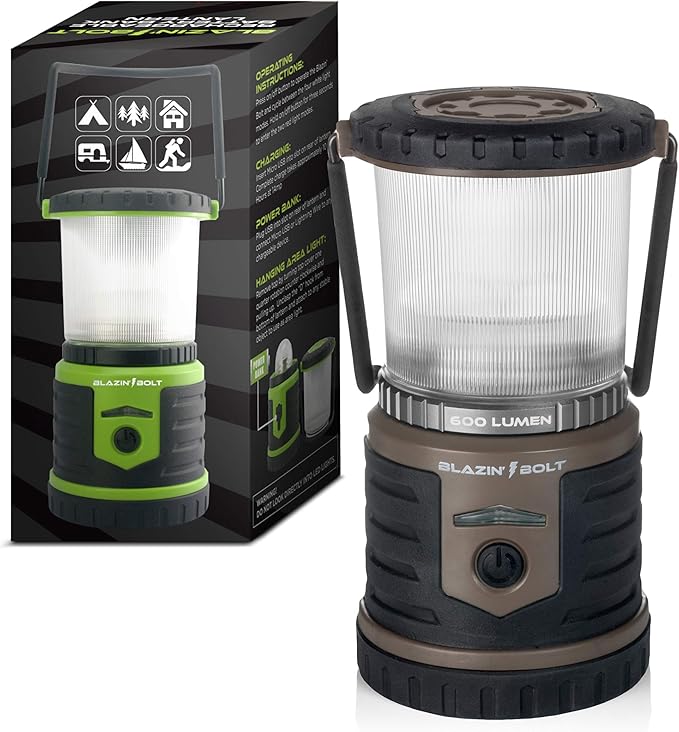 Blazin Bolt Rugged USB Rechargeable Lantern | 600 Lumen | 500 Hours of Light | Giant 12000mAh Power Bank | 6 Modes | Camping, Emergency, Power Outage, Storm, Blizzard, Hurricane Survival