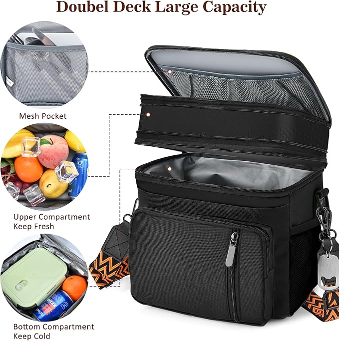 LOKASS Lunch Box for Men/Women-16L-Insulated Lunch Bag, Expandable Double-layer Leakproof Cooler Bag with Upgrade Adjustable Shoulder Strap Ideal for Work/Travel/Picnics(Black)