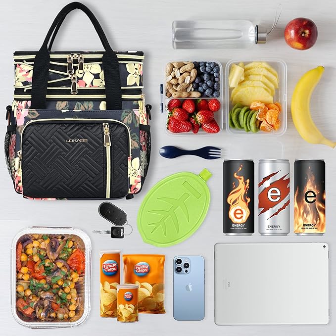 LOKASS Lunch Box for Women/Men-16L-Insulated Lunch Bag, Expandable Double-layer Leakproof Cooler Bag with Upgrade Adjustable Shoulder Strap Ideal for Work/Travel/Picnics(Floral)