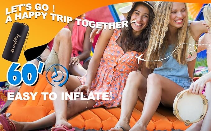 Sleeping Pad with Pillow, Self Inflating Extra-Thick, Ultralight Sleeping Mat, Built-in Pump, Ultimate for Camping, Hiking, Traveling, Airpad, Carry Bag, Compact & Lightweight Air Mattress (Orange)