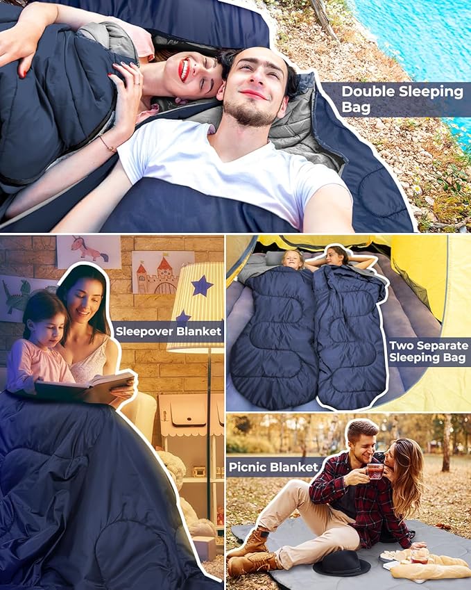 Ohuhu Double Sleeping Bag for Adults with 2 Pillows, Queen Size Two Person Sleeping Bag for Camping Hiking Backpacking 2 Person Sleeping Bags for Cold Weather & Warm