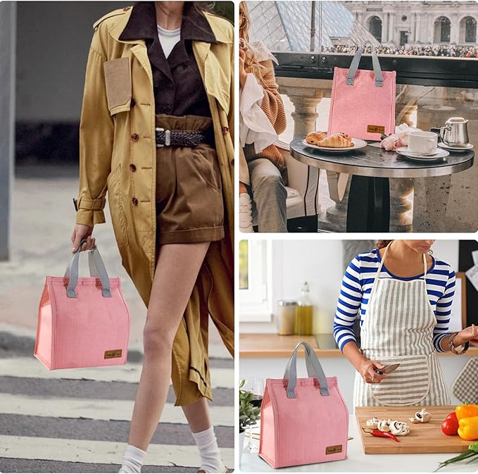 Mziart Minimalist Lunch Bag, Reusable Insulated Bag for Women Men Box Container Leakproof Simple Bento Tote Adults Cooler Work Office Picnic or Travel (Pink) M23HK-LB-005-JJ