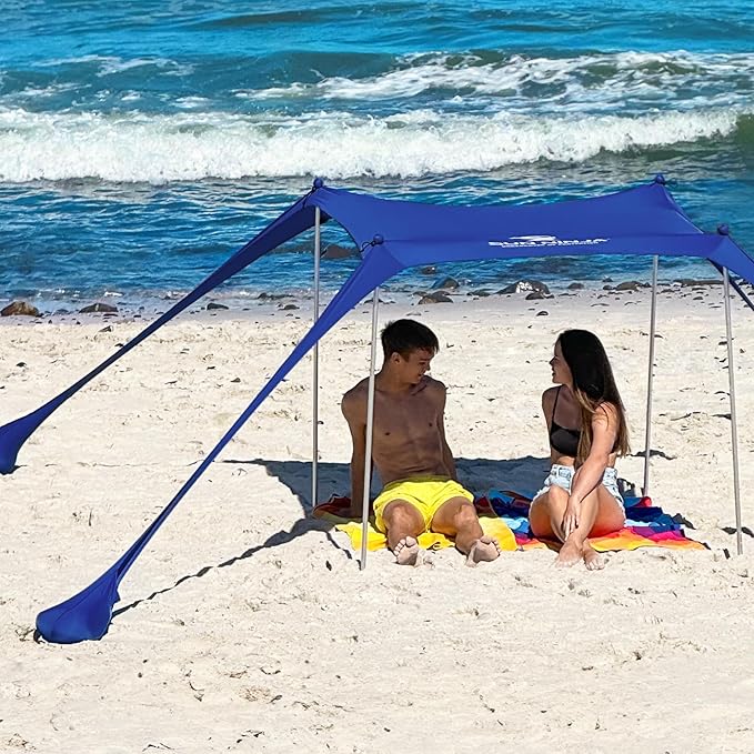 SUN NINJA Beach Tent Shelter with UPF50+ Protection, Includes Sand Shovel, Ground Pegs, Stability Poles, Outdoor Pop Up Shade Canopy for Camping, Fishing, Backyard Fun (Navy, 5x5 FT 4 Pole)