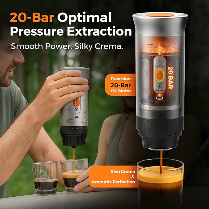 Portable Espresso Machine, 3-in-1 Travel Coffee Maker with Self-Heating, Battery Operated 20Bar Wireless Portable Espresso Maker Compatible with Ground Coffee & Capsule for Camping, Car, Office