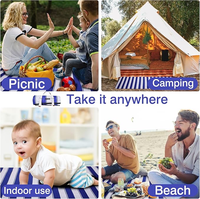 HX&OD Outdoor Picnic Blanket Extra Large, 80”x80” Waterproof Picnic Mat Foldable Camping Blanket Portable with Carry Strap for Beach Mat (Bright Blue&White)