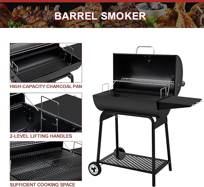 Royal Gourmet CC1830 30 Inch Barrel Charcoal Grill with Side Table, Outdoor BBQ Grill with 627 Sq. In. Cooking Space for Backyard, Patio and Parties, Black