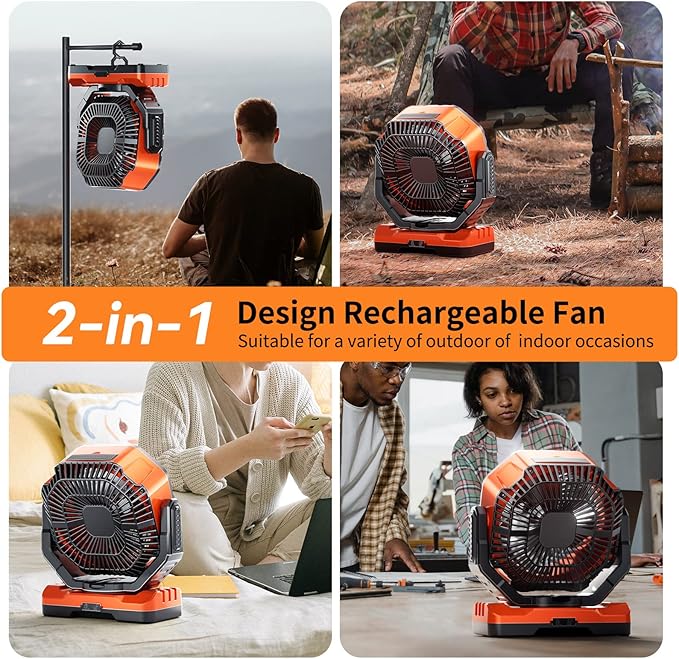 Camping LED Fan with Light, 40000mAh Rechargeable Battery Powered Outdoor Tent Fan with Light and Hook, 4 Speed, Personal USB Desk Fan for Camping, Fishing, Power Outage,Hurricane, Worksite