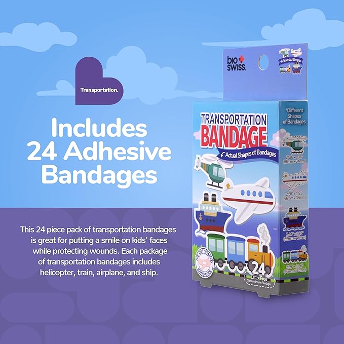 BioSwiss Bandages, Transportation Shaped Self Adhesive Bandage, Latex Free Sterile Wound Care, Fun First Aid Kit Supplies for Kids and Adults, 24 Count