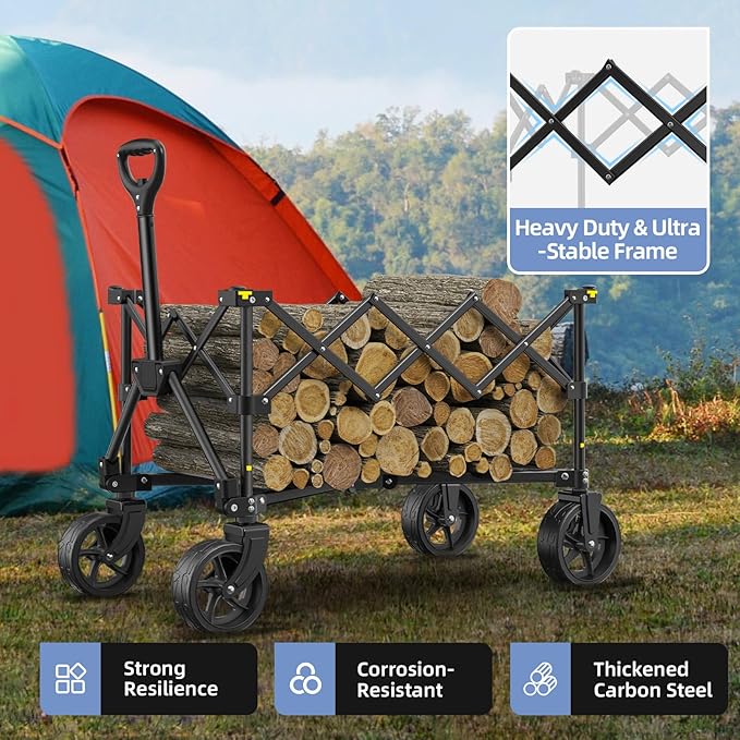 Folding Wagon Cart, 120L Collapsible Wagon with All-Terrain Wheels, Foldable Utility Wagon for Grocery Shopping Fishing Garden Sports Heavy Duty Beach Camping Cart