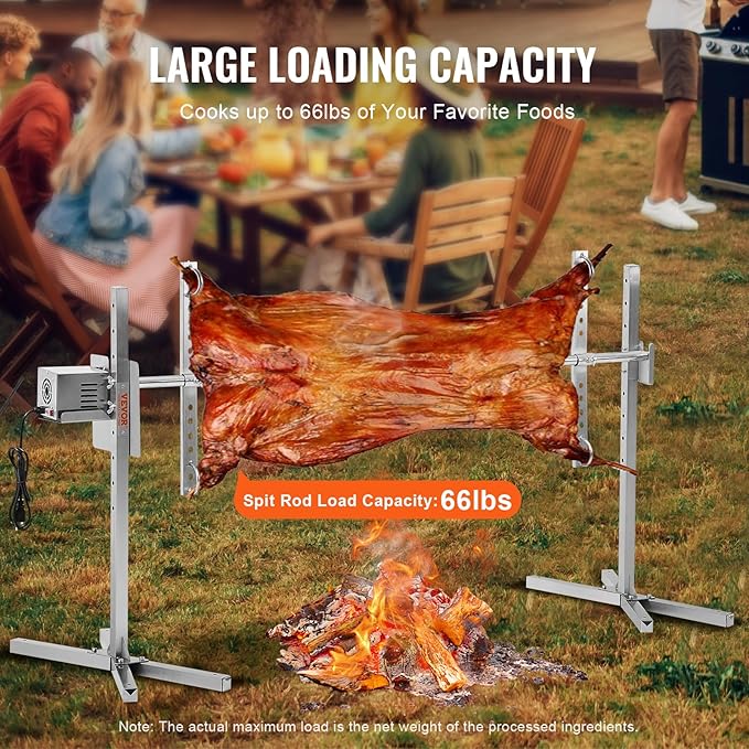 VEVOR 56-Inch Splicable Rotisserie Grill Kit, 132 lbs Sectional Spit Rod with Automatic 52W Motor & Heat Shield, Height Adjustable Spit Roaster Stand for Roasting Pig Lamb, Stainless Steel Grill