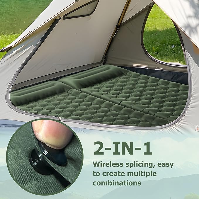 Sleeping Pad for Camping, Ultralight 4.7" Extra-Thick Inflatable Camping Mat with Pillow Built-in Foot Pump, Compact Lightweight Air Mattress for Backpacking Hiking Car travel Tent, Military Green