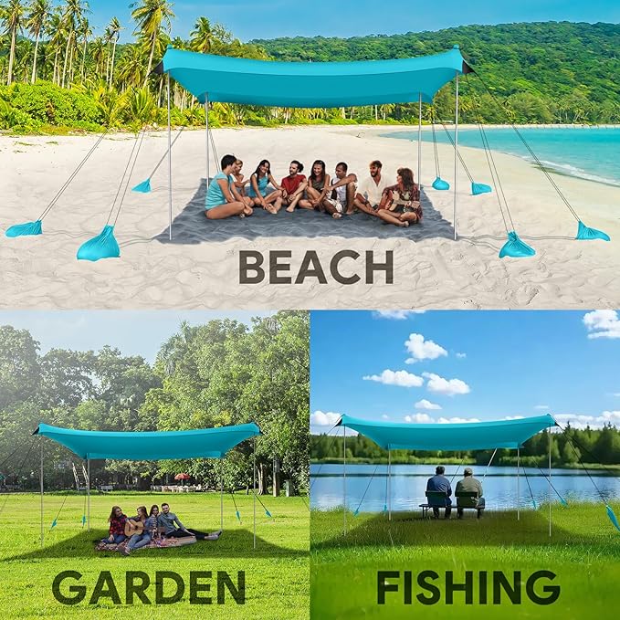 Beach Tent Sun Shelter, UPF50+ Beach Tent Canopy with 8 Sandbags & 4 Stability Poles, 10 x 10 FT Beach Canopy Tent Sun Shade, Outdoor Beach Tent for Beach Camping Fishing, Light Blue