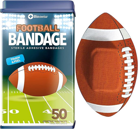 BioSwiss Bandages, Football Shaped Self Adhesive Bandage, Latex Free Sterile Wound Care, Fun First Aid Kit Supplies for Kids, 50 Count