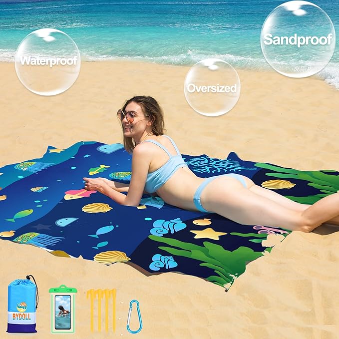 BYDOLL Beach Blanket 78''X81'' 4-7 Adults Oversized Lightweight Waterproof Sandproof Blanket for Beach Large Picnic Mat Travel Camping