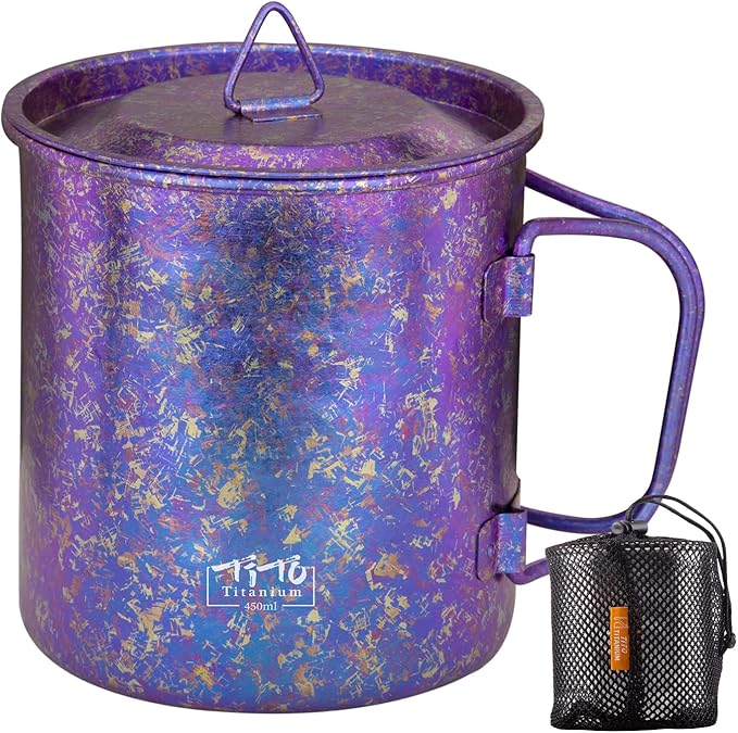 TiTo Titanium Cup Titanium Pot with Lid Ultralight Portable 450ml Foldable Handle Camping Tea Coffee Water Mug for Outdoor Backpacking Hiking Picnic Drinkware with Mesh Sack (Purple)