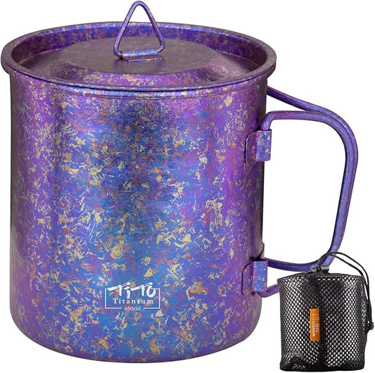 TiTo Titanium Cup Titanium Pot with Lid Ultralight Portable 450ml Foldable Handle Camping Tea Coffee Water Mug for Outdoor Backpacking Hiking Picnic Drinkware with Mesh Sack (Purple)